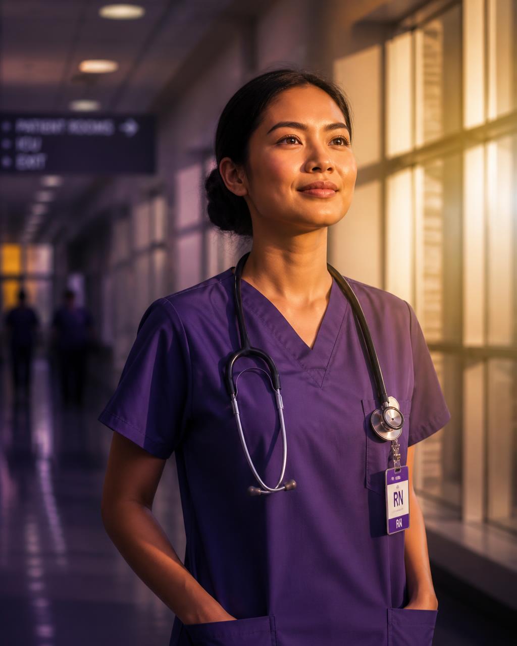 A confident nurse in scrubs looking ahead in a hospital corridor lit by warm evening light